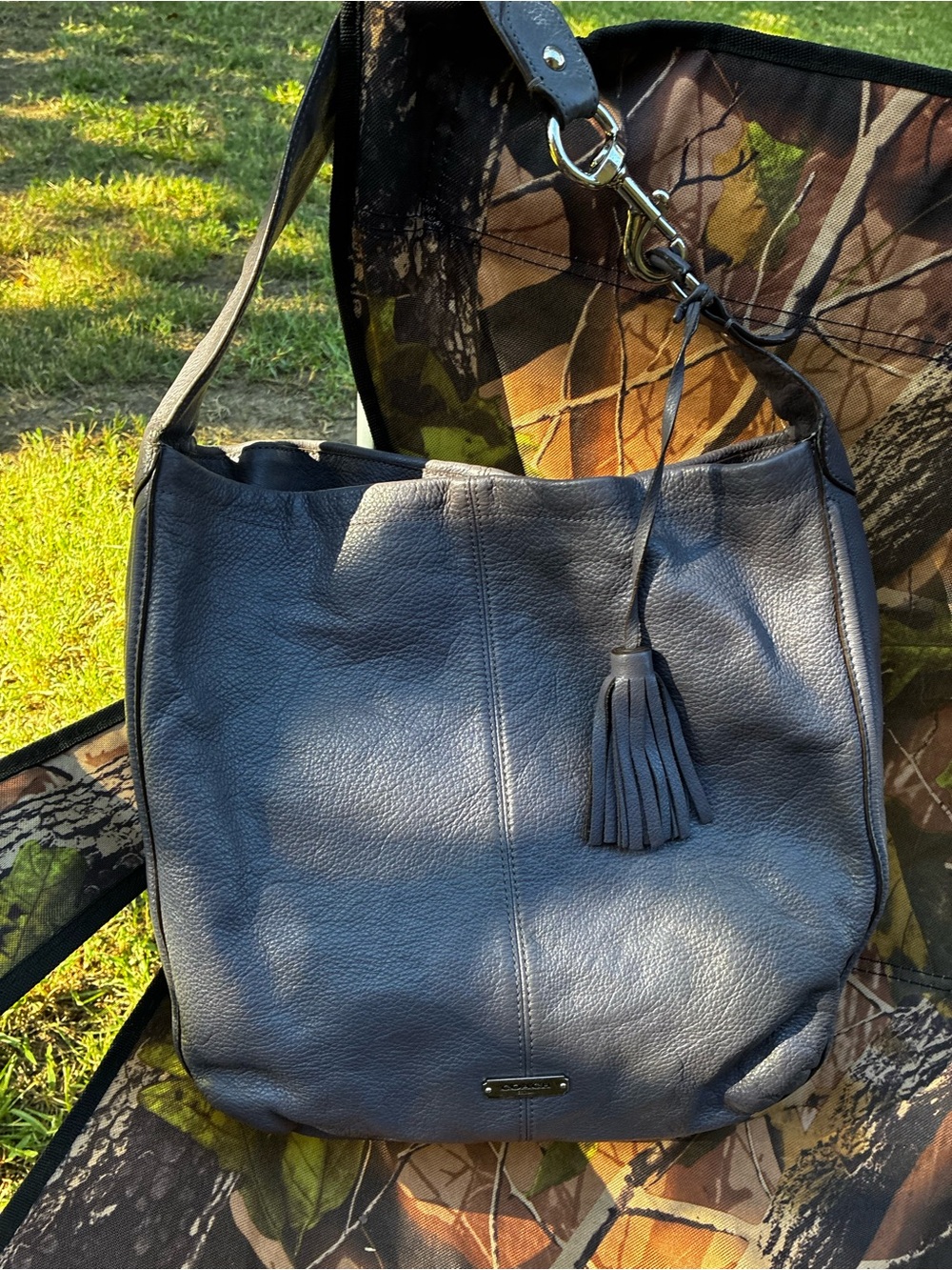 Coach Navy Blue Pebbled Leather Shoulder Bag with Tassel